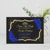 Quinceanera Black Royal Blue Gold Floral Save The Date (Staand voorkant)
