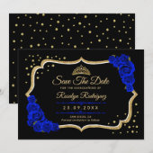 Quinceanera Black Royal Blue Gold Floral Save The Date (Voorkant / Achterkant)