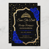 Quinceanera - Black Royal Blue Gold Save The Date (Voorkant / Achterkant)