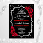 Quinceanera - Black Silver Red Kaart<br><div class="desc">Zilverzwart wit Quinceanera-feestelijke uitnodiging. Kenmerken scriptlettertype,  rode rozen,  tiara en confetti. Classy design met faux glitter Silver. Ideaal voor een elegante glam viering.</div>