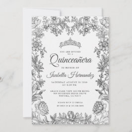 Quinceanera Black White Floral Invitation Kaart