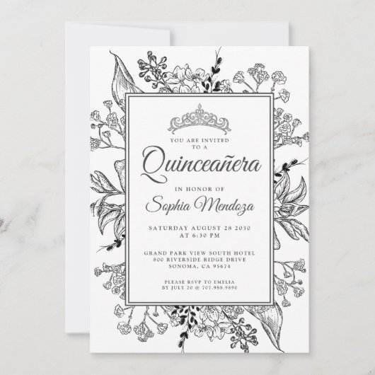 Quinceanera Black White Floral Kaart (Voorkant)