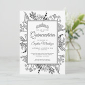 Quinceanera Black White Floral Kaart (Staand voorkant)