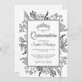 Quinceanera Black White Floral Kaart (Voorkant / Achterkant)