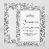 Quinceanera Black White Floral Tiara Invitation Kaart (Voorkant / Achterkant)