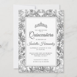 Quinceanera Black White Floral Tiara Invitation Kaart