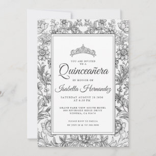 Quinceanera Black White Floral Tiara Invitation Kaart
