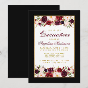 Quinceanera Black White Gold Burgundy Floral Kaart