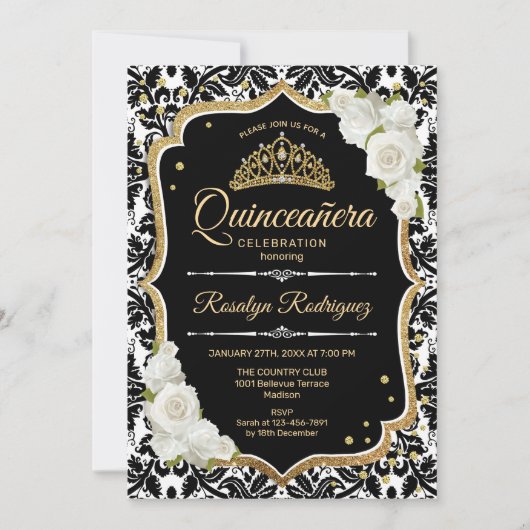 Quinceanera - Black White Gold Kaart (Voorkant)