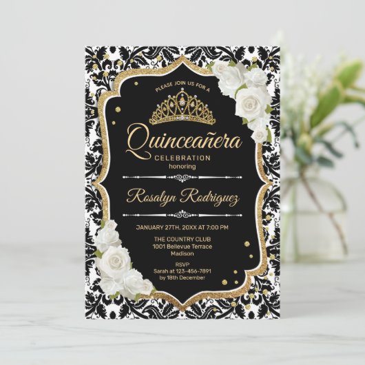 Quinceanera - Black White Gold Kaart (Staand voorkant)
