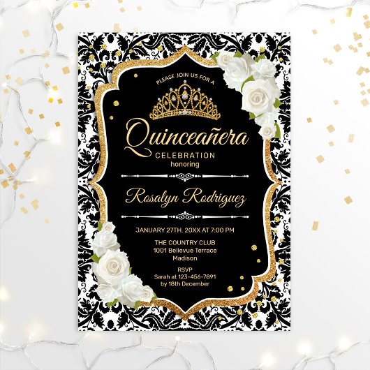 Quinceanera - Black White Gold Kaart