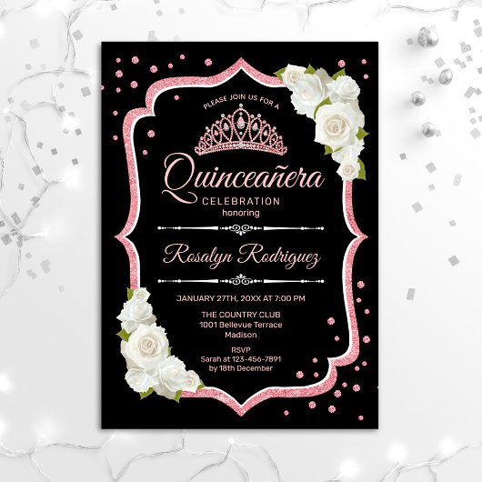 Quinceanera - Black White Roos Gold Kaart