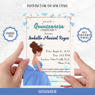 Quinceañera Blau Elégante Prinses Uitnodiging