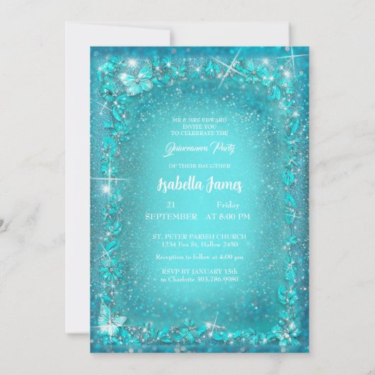Quinceañera blauw 15e verjaardag turquoise Vlinder Kaart (Achterkant)