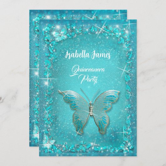 Quinceañera blauw 15e verjaardag turquoise Vlinder Kaart (Voorkant / Achterkant)