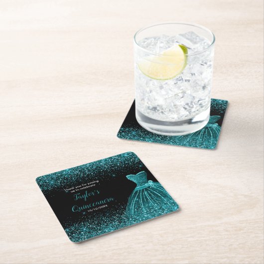 Quinceanera Blauw Blauwgroen Faux Glitter Kartonnen Onderzetters (Insitu)