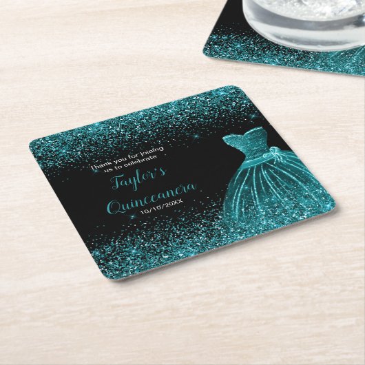 Quinceanera Blauw Blauwgroen Faux Glitter Kartonnen Onderzetters (Schuin)