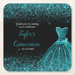 Quinceanera Blauw Blauwgroen Faux Glitter Kartonnen Onderzetters