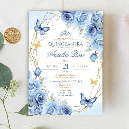 Quinceañera Blauw Bloemen Goud Lijst Vlinderkroon Kaart