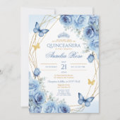 Quinceañera Blauw Bloemen Goud Lijst Vlinderkroon Kaart (Voorkant)