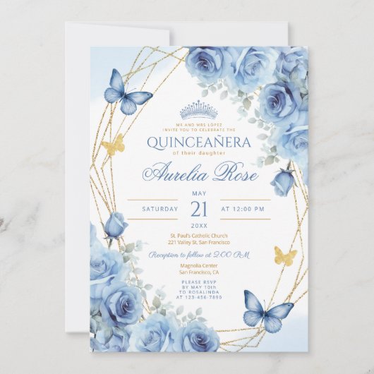 Quinceañera Blauw Bloemen Goud Lijst Vlinderkroon Kaart (Voorkant)