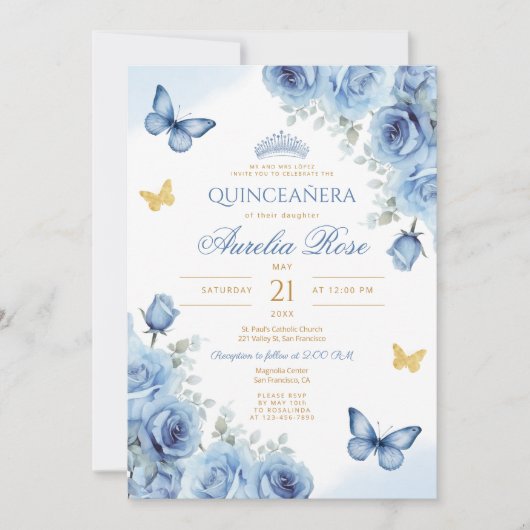 Quinceañera Blauw Bloemen Gouden Vlinder Tiara Kaart (Voorkant)