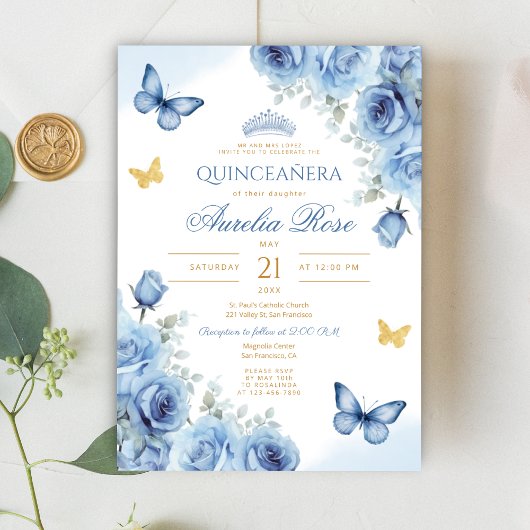 Quinceañera Blauw Bloemen Gouden Vlinder Tiara Kaart