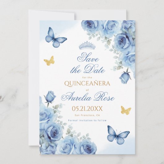 Quinceañera Blauw Bloemen Gouden Vlinder Tiara Save The Date (Voorkant)