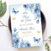 Quinceañera Blauw Bloemen Gouden Vlinder Tiara Save The Date