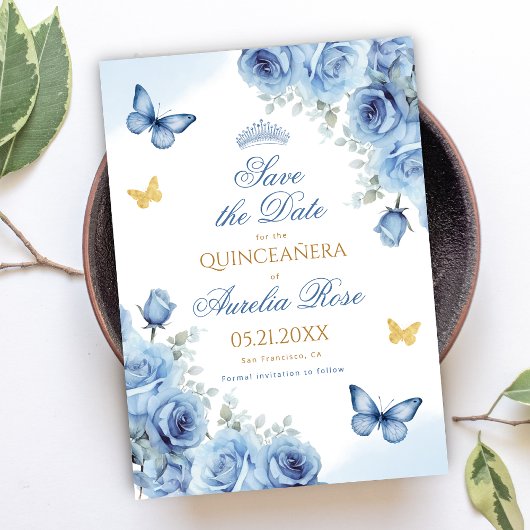 Quinceañera Blauw Bloemen Gouden Vlinder Tiara Save The Date