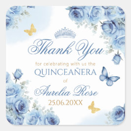 Quinceañera Blauw Bloemen Gouden Vlinder Tiara Vierkante Sticker