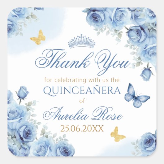 Quinceañera Blauw Bloemen Gouden Vlinder Tiara Vierkante Sticker (Voorkant)