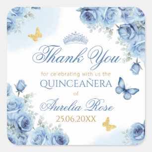 Quinceañera Blauw Bloemen Gouden Vlinder Tiara Vierkante Sticker