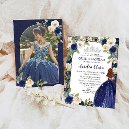 Quinceañera Blauw Bloemen Prinses Verjaardag Foto Kaart