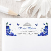 Quinceañera Blauw Bloemen Zilveren Vlinders Adres Etiket (Insitu)