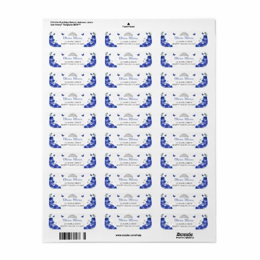 Quinceañera Blauw Bloemen Zilveren Vlinders Adres Etiket (Full Sheet)