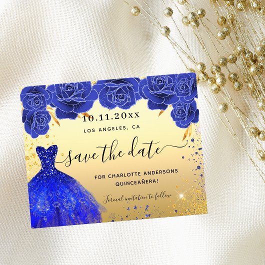 Quinceanera blauw gouden jurk budget sparen de dat flyer