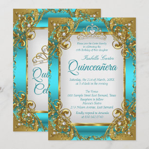 Quinceanera Blauw Turquoise Gouden Parel Tiara Fee Kaart