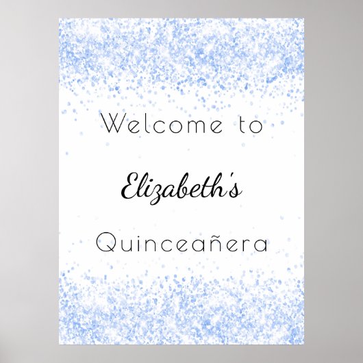 Quinceanera blauw wit glitter welkom poster (Voorkant)