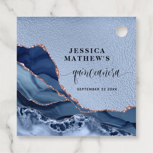 Quinceañera Blauwe Agaat, Blauwe Folie en Roos Gou Bedankjes Labels (Achterkant)