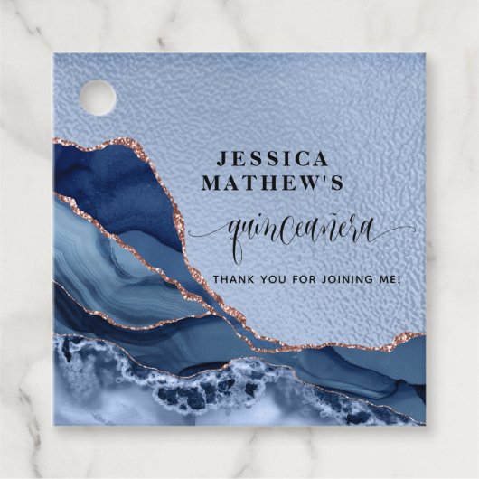 Quinceañera Blauwe Agaat, Blauwe Folie en Roos Gou Bedankjes Labels (Voorkant)