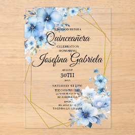 Quinceanera blauwe bloem acryl uitnodigingen