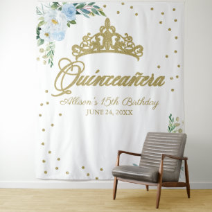 Quinceanera Blauwe Bloemen Achtergrond Wandkleed