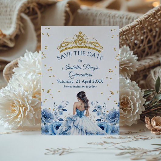 Quinceanera Blauwe Bloemen Prinses Bewaar de Datum Kaart