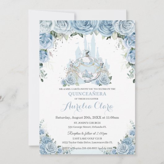 Quinceañera Blauwe Bloemen Prinses Kasteel Koets Kaart (Voorkant)