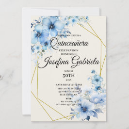 Quinceañera blauwe bloemen uitnodiging