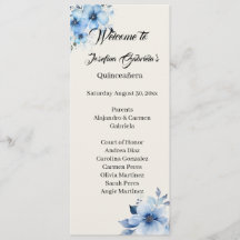 Quinceanera blauwe dubbelzijdige programmakaart