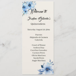 Quinceanera blauwe dubbelzijdige programmakaart