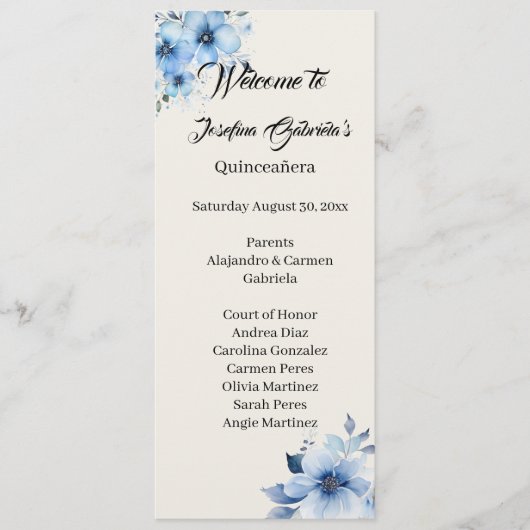Quinceanera blauwe dubbelzijdige programmakaart (Voorkant)