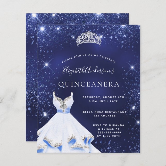 Quinceanera blauwe glitter jurk uitnodiging (Voorkant / Achterkant)